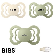 BIBS Supreme Sutter med navn, 2 Sage, 1 Ivory, Symmetrisk Silikone str.2 Pakke med 3 sutter